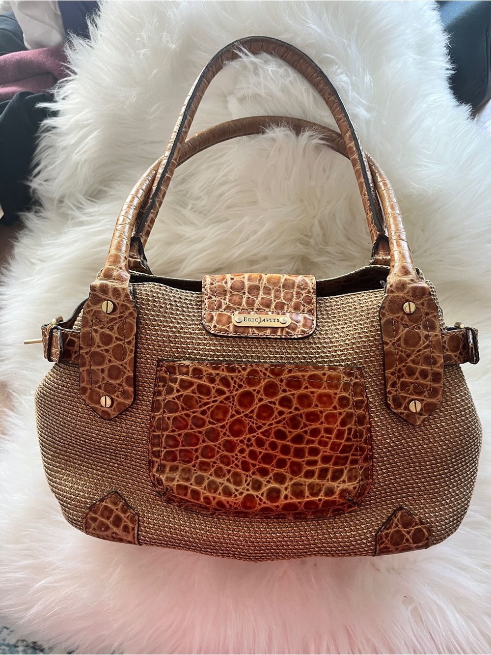 Eric Javits Tan Croc-Trim Straw Satchel
